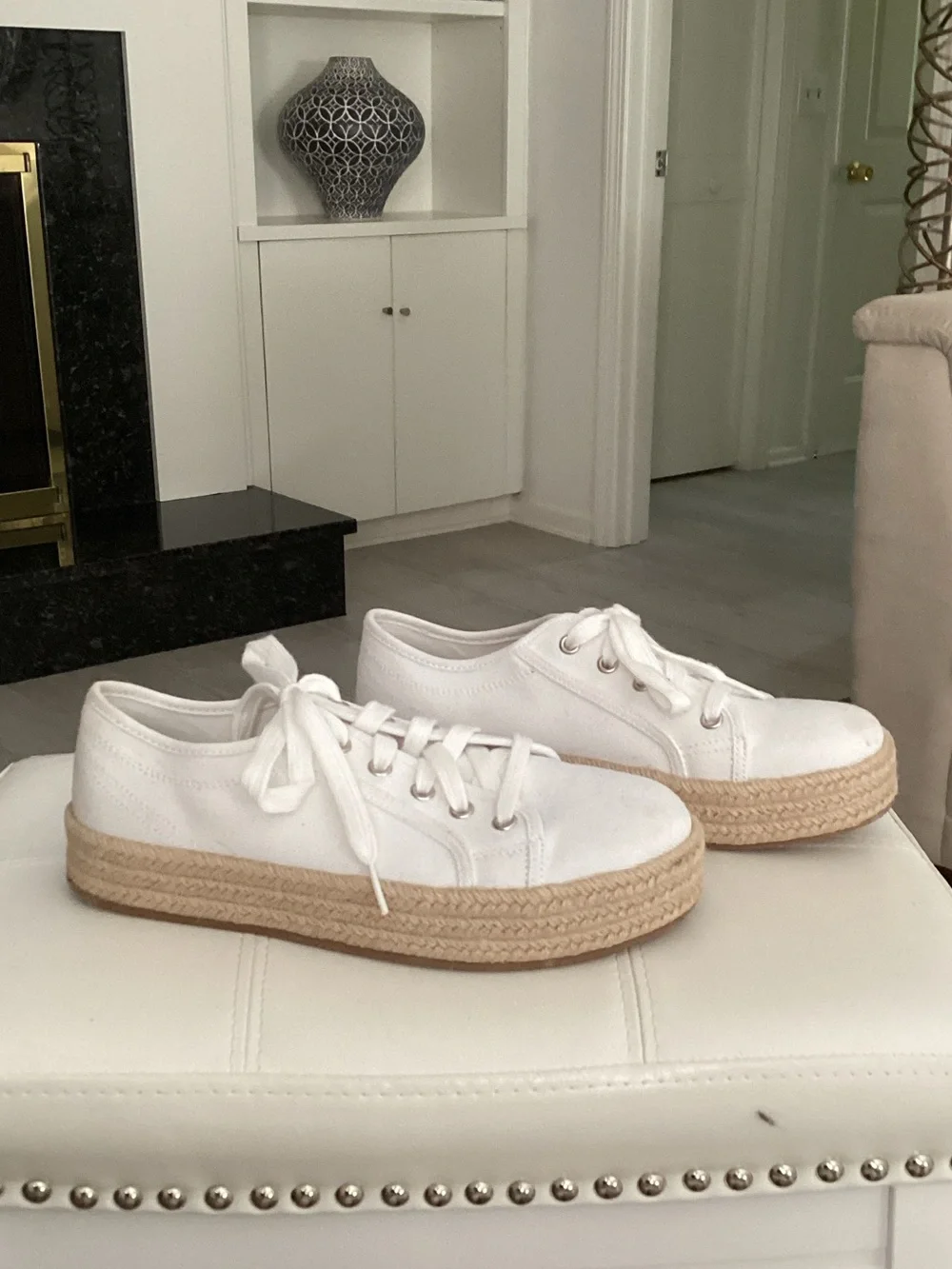 White Canvas Espadrille Platform Sneakers for Women